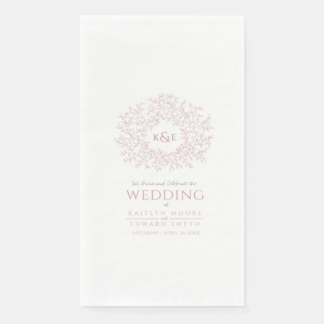 Dusty pink leaf circle monogram art wedding custom napkin (Front)