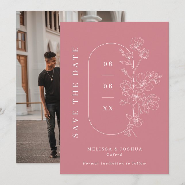 Dusty Pink Line Drawn Floral Photo Wedding Save The Date (Front/Back)