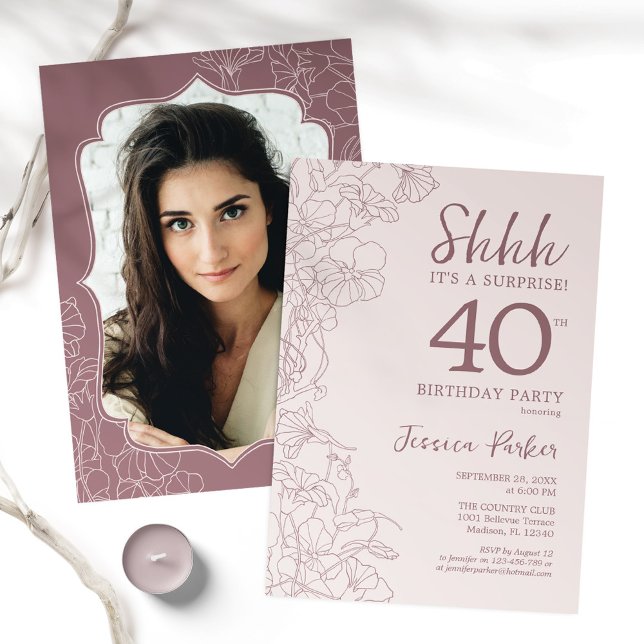 Dusty Pink Mauve Photo Surprise 40th Birthday Invitation (Creator Uploaded)
