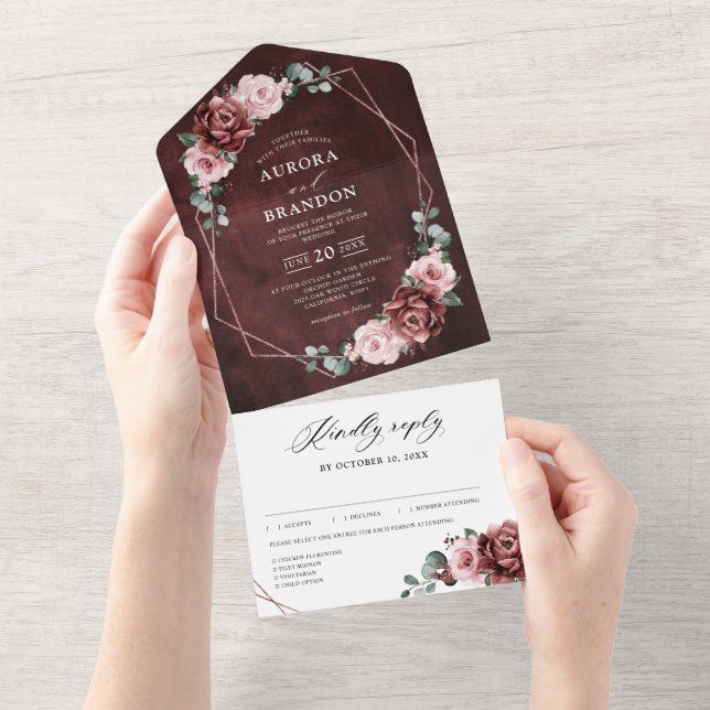 Dusty Pink Mauve Rose Floral Geometric Wedding  Al All In One Invitation (Tearaway)