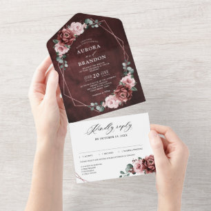 Dusty Pink Mauve Rose Floral Geometric Wedding Al All In One Invitation