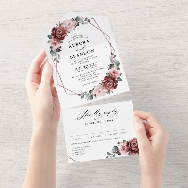 Dusty Pink Mauve Rose Floral Geometric Wedding  All In One Invitation (Tearaway)