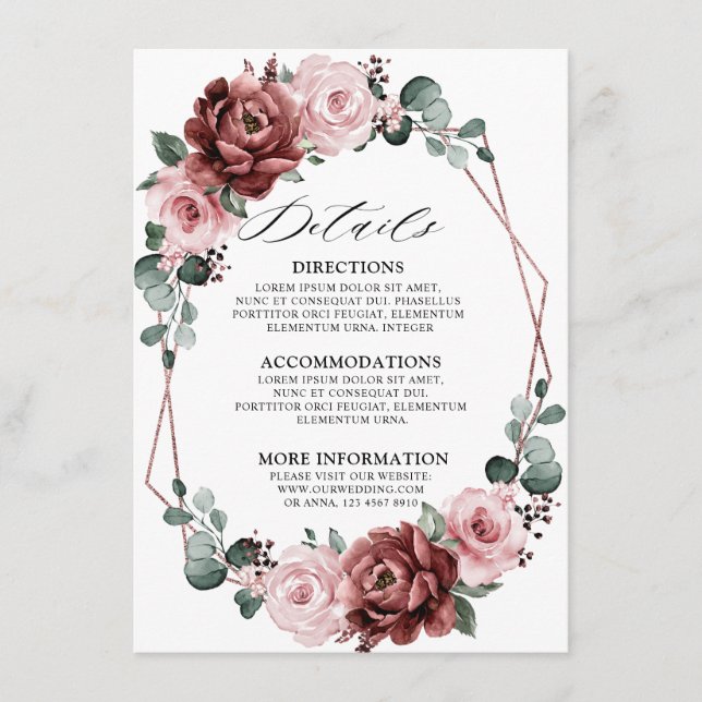 Dusty Pink Mauve Rose Floral Geometric Wedding  Enclosure Card (Front)