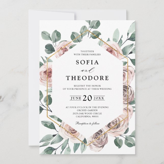 Dusty Pink Mauve Rose Floral Geometric Wedding  Invitation (Front)