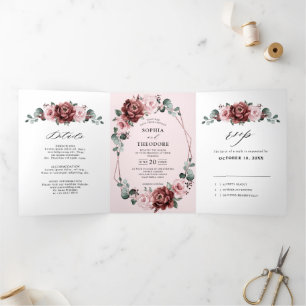 Dusty Pink Mauve Rose Floral Geometric Wedding Tr Tri-Fold Announcement