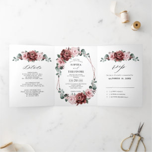 Dusty Pink Mauve Rose Floral Geometric Wedding  Tri-Fold Announcement