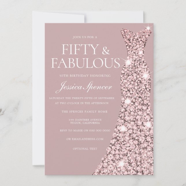 Dusty Pink Mauve Rose Gold Dress 50th Birthday Invitation (Front)