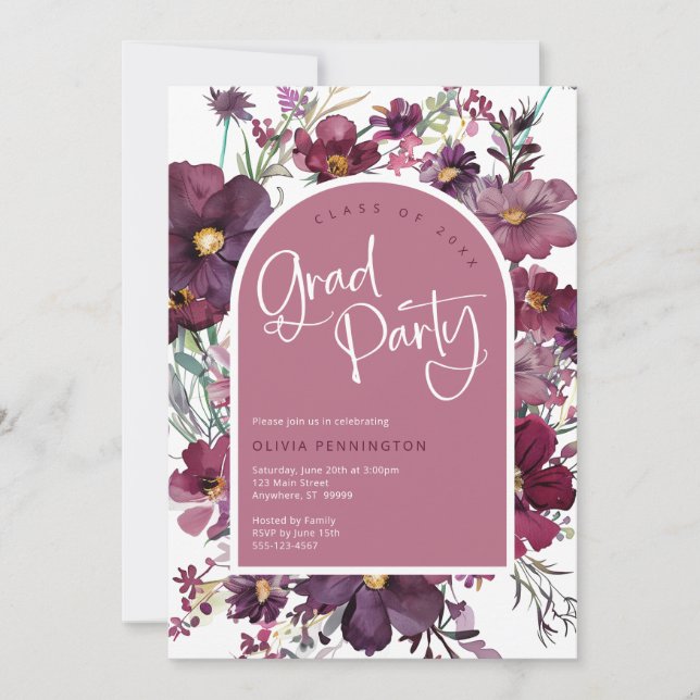 Dusty Pink Mauve Wildflowers Grad Party Invitation (Front)