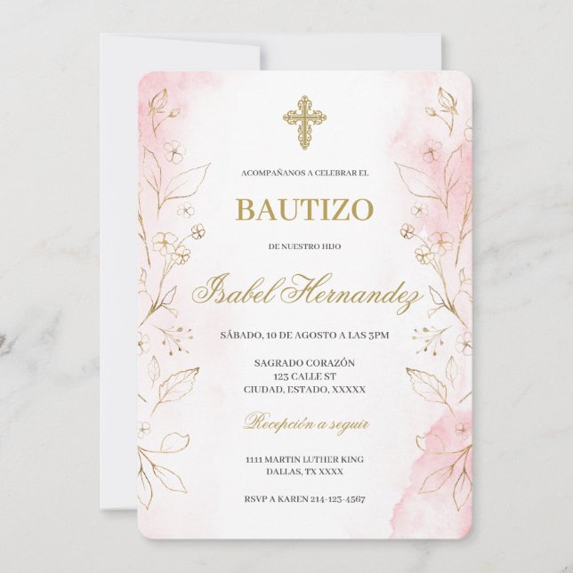 Dusty pink minimalist Baptism Spanish Invitation (Front)