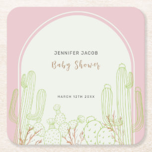 Dusty Pink Minimalist Boho Cactus Arch Baby Shower Square Paper Coaster