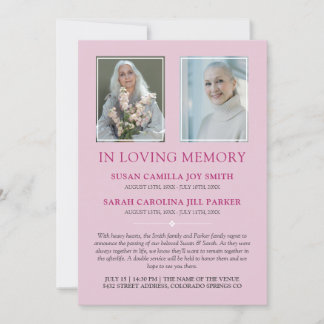 Dusty Pink Minimalist Photo Twins Memorial Service Announcement