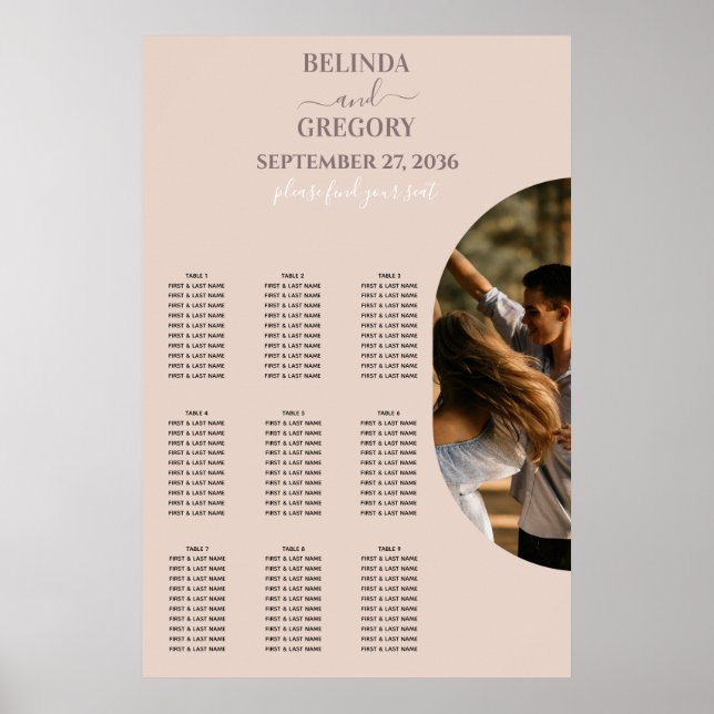 Dusty Pink Minimalist Photo Wedding Seating Chart (Front)