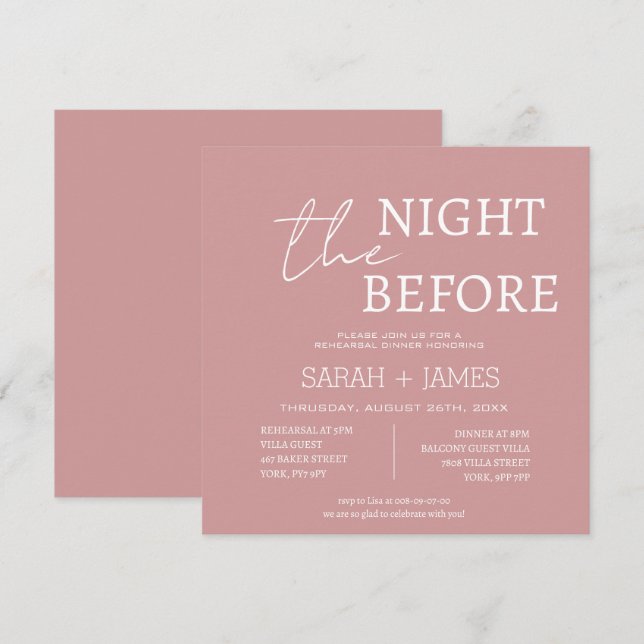 Dusty Pink Minimalist Rehearsal Dinner Wedding  Invitation (Front/Back)