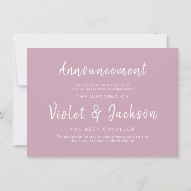 Dusty pink minimalist script wedding cancellation invitation (Front)