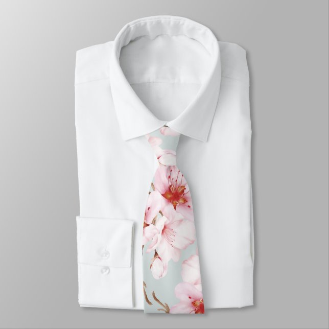 Dusty Pink MInt Watercolor Cherry Blossoms Tie (Tied)