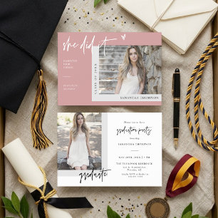 Dusty Pink Modern Boho She Did It Grad Photo Invitation