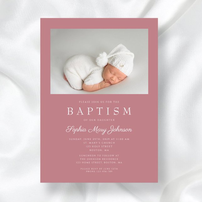 Dusty Pink Modern Girl Photo Baptism Invitation (Dusty Pink Modern Girl Photo Baptism Invitation)