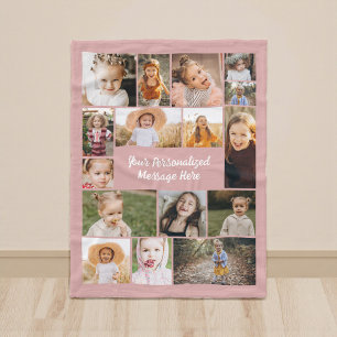 Dusty Pink Modern Personalized 16 Photo Collage Fleece Blanket