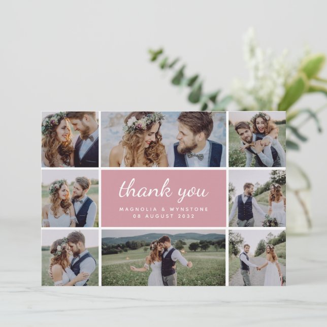 Dusty Pink Modern Photo Collage Wedding   Thank You Card (Standing Front)