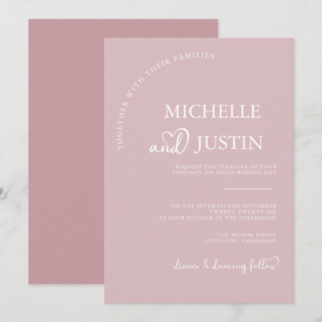 Dusty Pink Modern Simple Minimalist Wedding  Invitation (Front/Back)