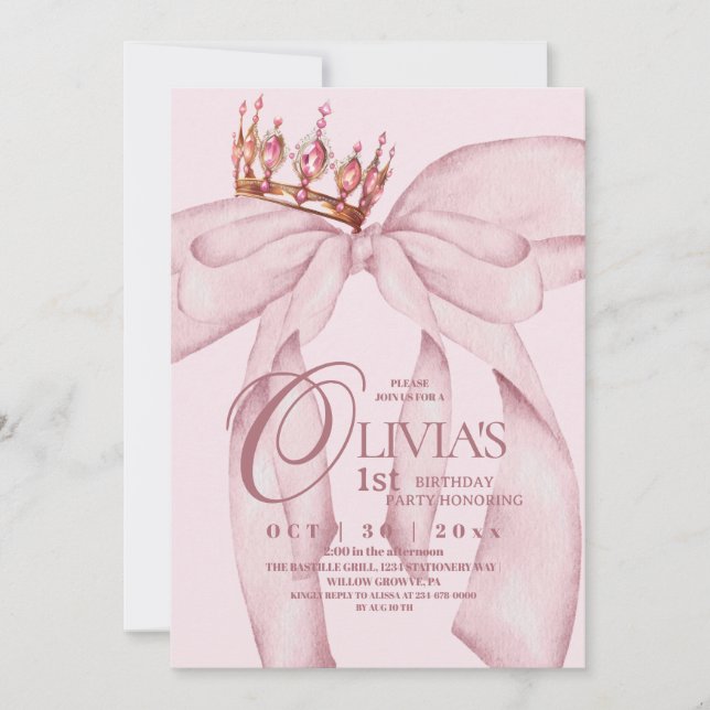 Dusty Pink Modern Trendy Bow 1st Birthday  Invitation (Front)
