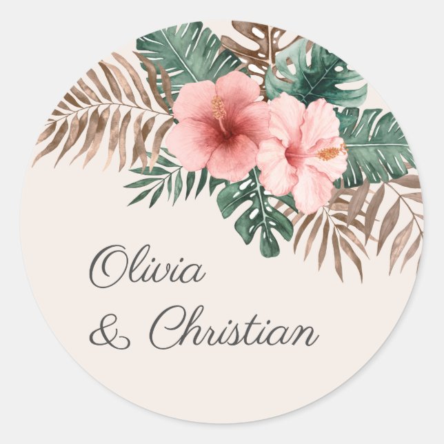 Dusty Pink Modern Tropical Watercolor Wedding Classic Round Sticker (Front)