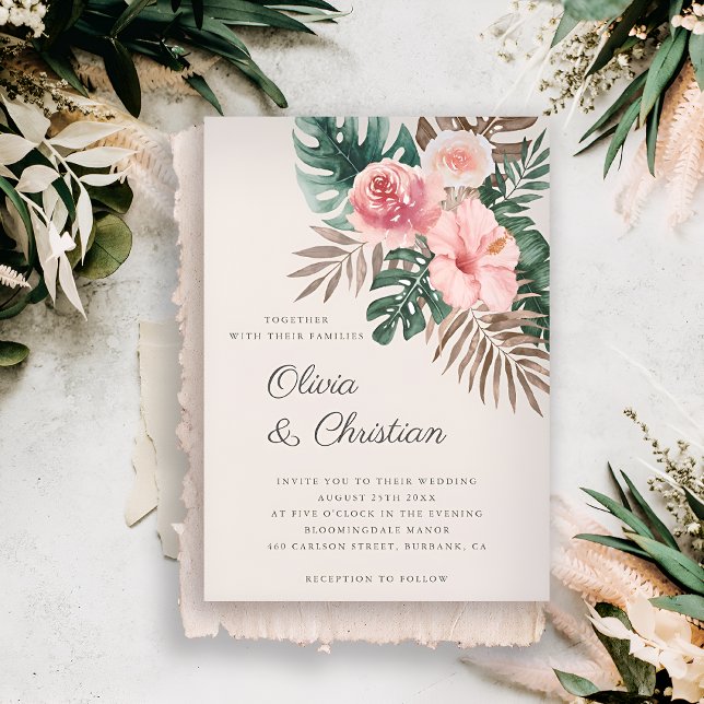 Dusty Pink Modern Tropical Watercolor Wedding Invitation (Creator Uploaded)