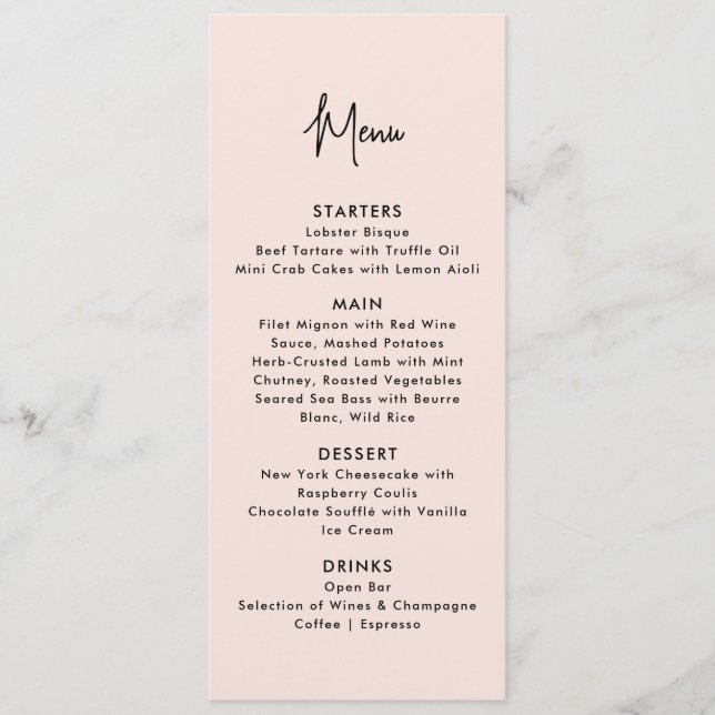 dusty pink, modern wedding menu (Front)
