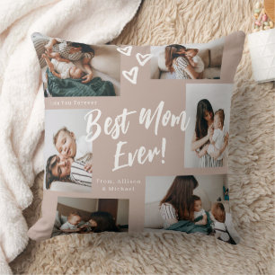 Dusty Pink Mom Script Typography 6 Photo Collage Cushion