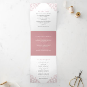 Dusty pink monogram art story dedication wedding Tri-Fold programme