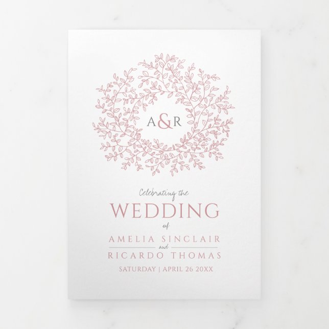Dusty pink monogram art story dedication wedding Tri-Fold programme (Cover)