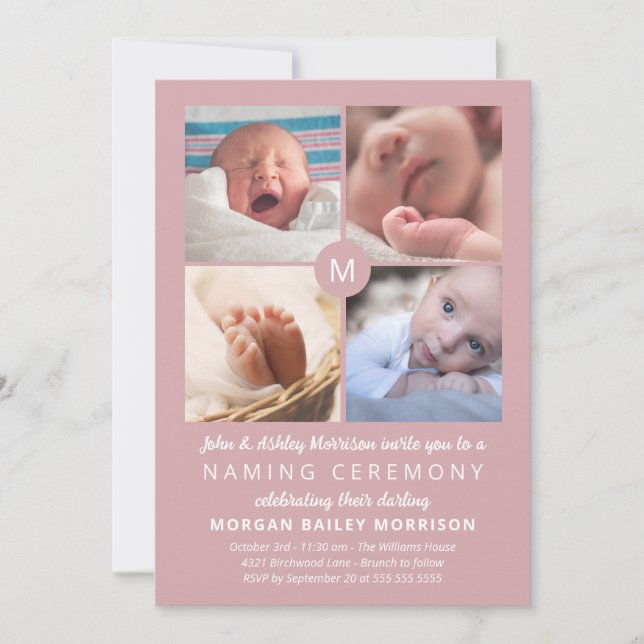 Dusty Pink Monogram Photo Collage Naming Ceremony Invitation (Front)