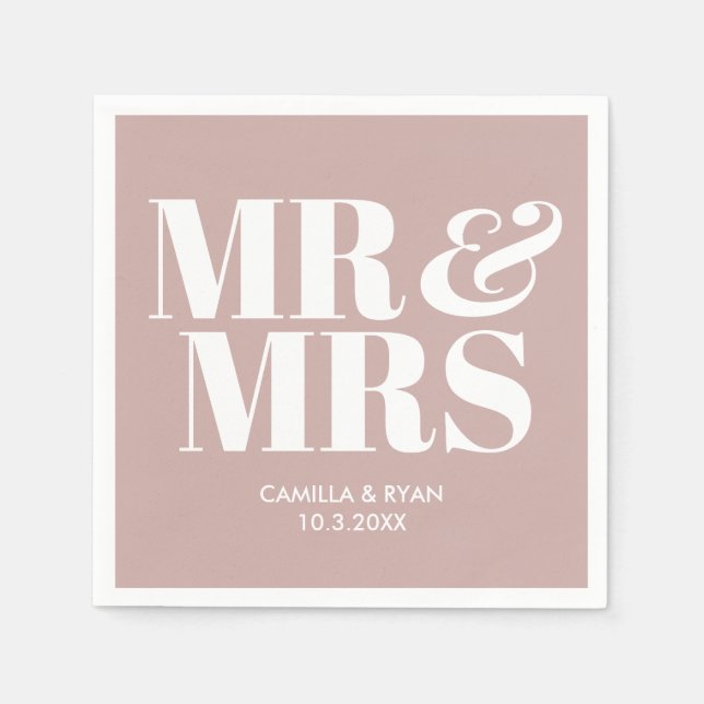 Dusty Pink Mr & Mrs Personalised Wedding Napkins (Front)