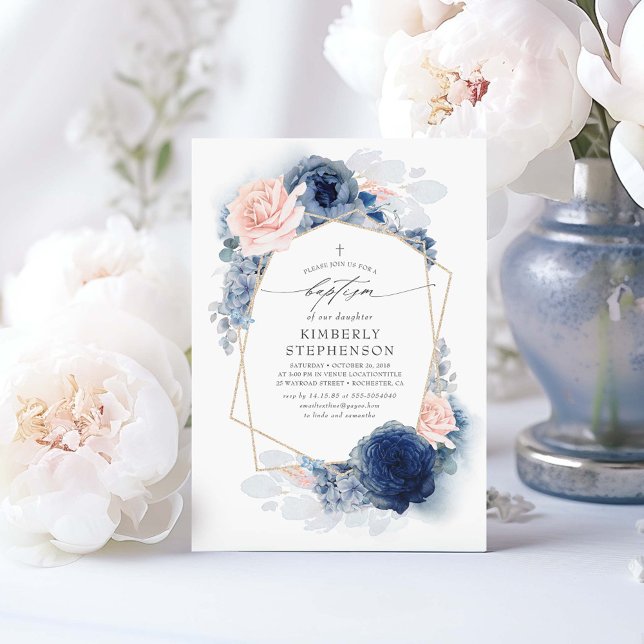 Dusty Pink Navy Blue Flowers Elegant Baptism Invitation (Dusty Blue and Pink Floral Boho Baptism Invitations)