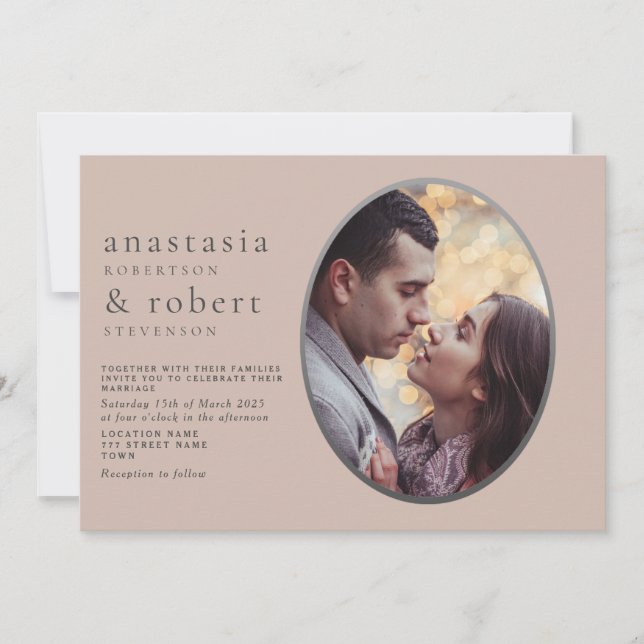 Dusty Pink Oval Photo Wedding Invitation (Front)