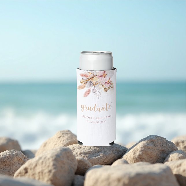Dusty Pink Pampas Grass Boho Floral Graduation Seltzer Can Cooler (Creator Uploaded)