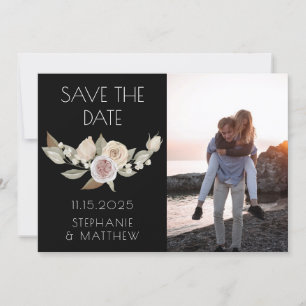 Dusty Pink Peach Botanical Photo Black Wedding Save The Date
