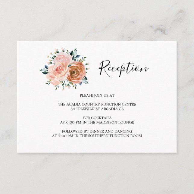 Dusty Pink Peach Coral Roses Wedding Reception Enclosure Card (Front)