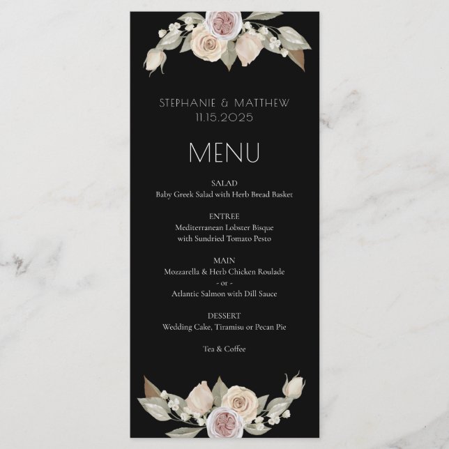 Dusty Pink Peach Floral Botanical Black Wedding Menu (Front)