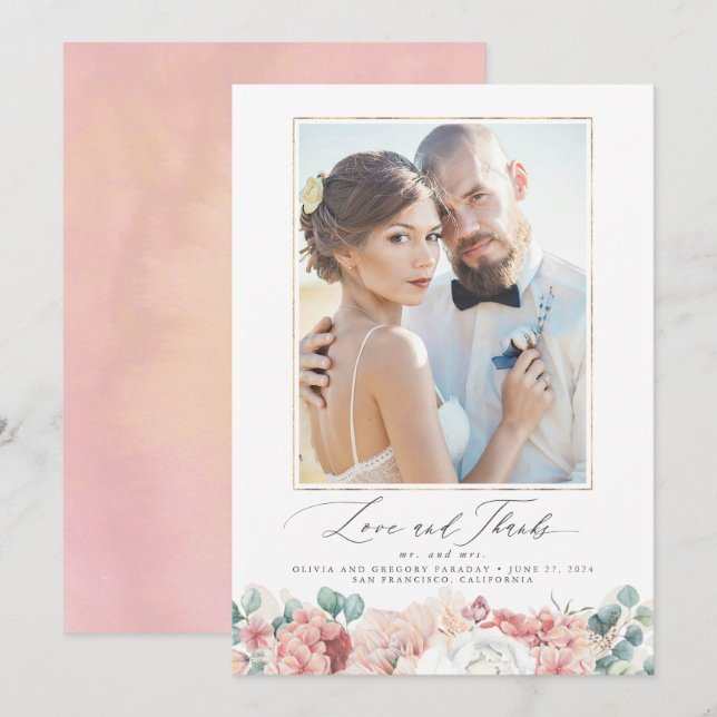 Dusty Pink Peach Floral Wedding Thank You Invitation (Front/Back)