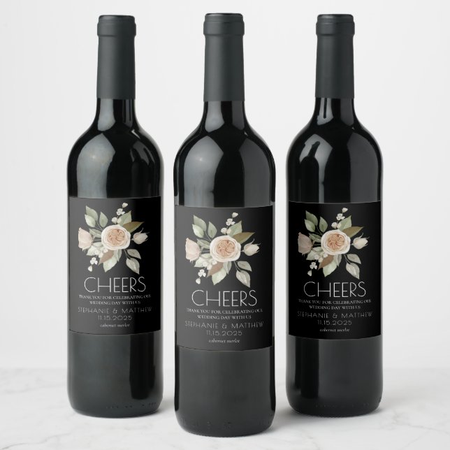 Dusty Pink Peach Rose Bloom Black  Wedding Wine Label (Bottles)