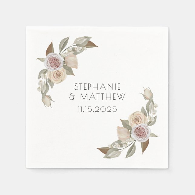 Dusty Pink Peach Rose Botanical Floral Wedding Napkin (Front)