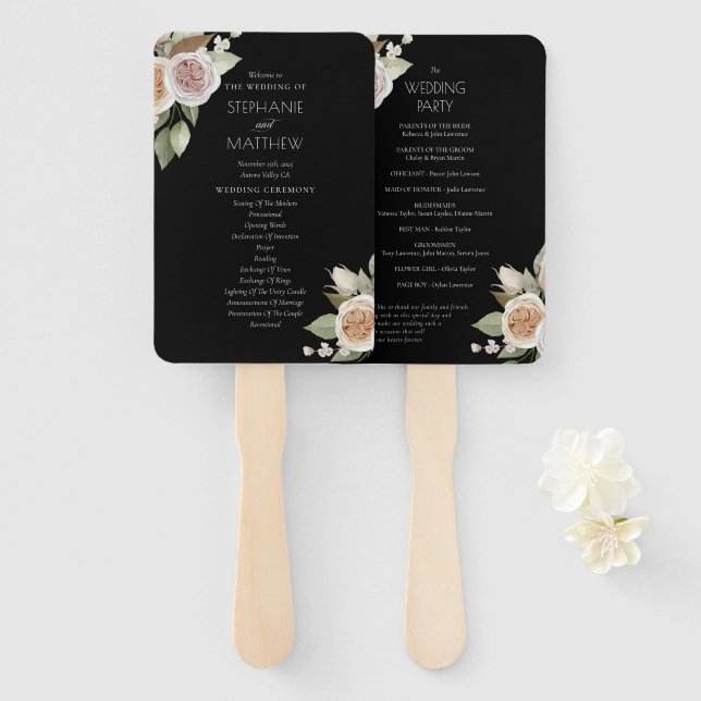 Dusty Pink Peach Rose Floral Black Wedding Program Hand Fan (Front and Back)
