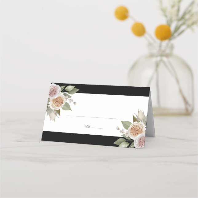 Dusty Pink Peach Roses Botanical Black Wedding Place Card (Front)