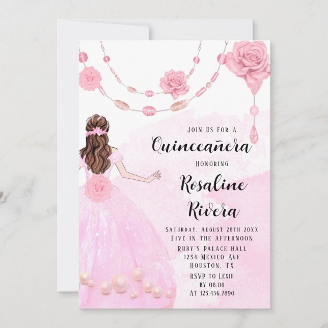 Dusty Pink Pearls Flora Girl Quinceanera Birthday Invitation (Front)