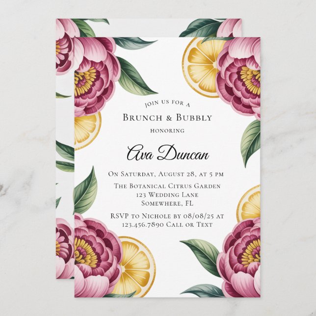 Dusty Pink Peonies and Lemon Brunch and Bubbly Invitation (Front/Back)
