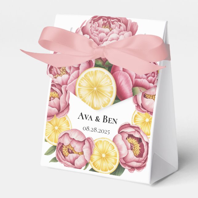 Dusty Pink Peonies and Lemon Wedding Favour Box (Front Side)