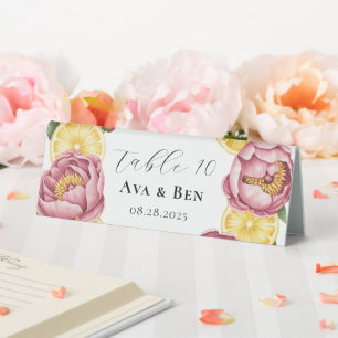 Dusty Pink Peonies and Lemon Wedding Table Numbers