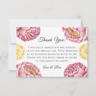Dusty Pink Peonies and Lemon Wedding Thank You Card