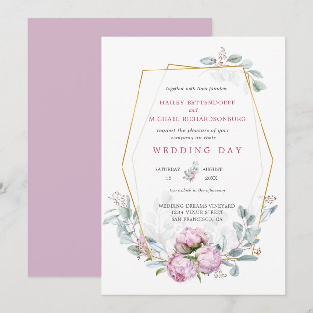 Dusty Pink Peonies Geometric Gold Frame Wedding  Invitation (Front/Back)